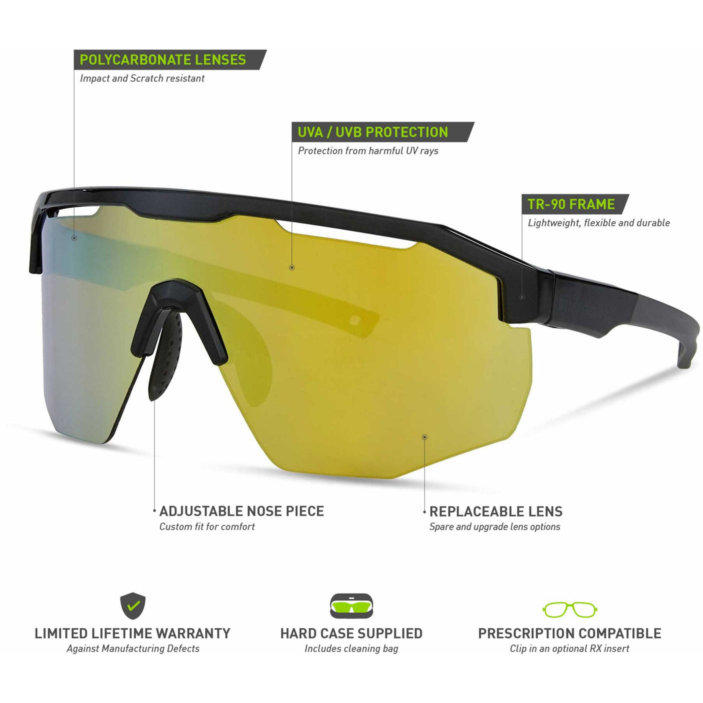 MADISON  Cipher Gloss Black Sunglasses (3 Lens Pack - Bronze Mirror / Amber / Clear)